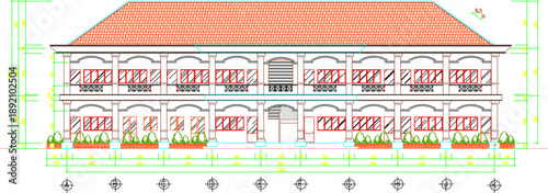 Vector sketch illustration of architectural engineering design drawing of construction section view of modern classic office building facade with scale size