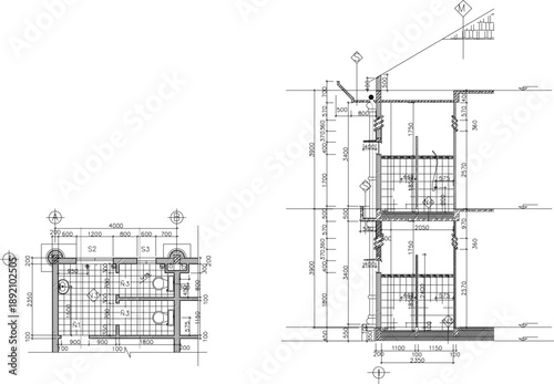 Vector sketch illustration of architectural engineering design drawing of site plan construction section of office building, modern classic classroom with scale size 