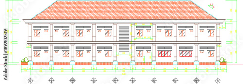 Vector sketch illustration of architectural engineering design drawing of construction section view of modern classic office building facade with scale size