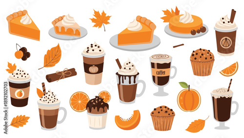 Extensive set of autumn food and drinks including pumpkin desserts coffee mugs and fall foliage for seasonal themes.