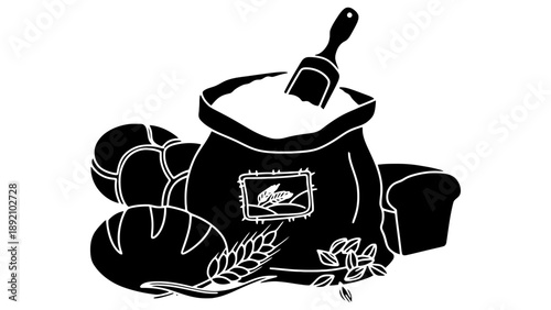 A black and white illustration of a bread basket with baking tools