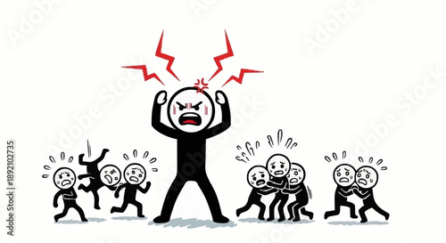 Angry Stick Figure Character Overwhelmed by Chaos and Conflict.