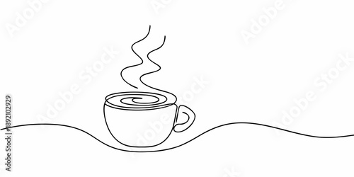 A continuous line drawing depicting a steaming cup of coffee or tea
