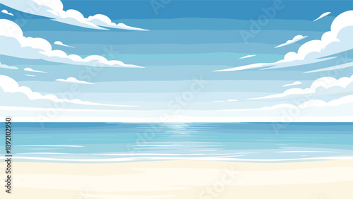 Peaceful tropical beach landscape with white sand calm turquoise sea and fluffy clouds in a soft painterly style.