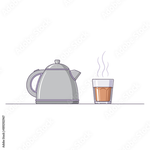 Grey Teapot and Steaming Glass of Hot Tea Line Art Illustration.