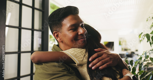 Canvastavla Care, father and hug kid in home for connection, trust and reunion with foster daughter