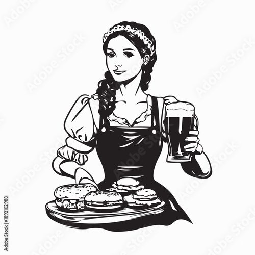 Oktoberfest waitress with beer and snacks Image Vector on White Background