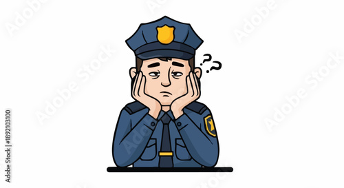 Bored Police Officer Resting Head on Hands.