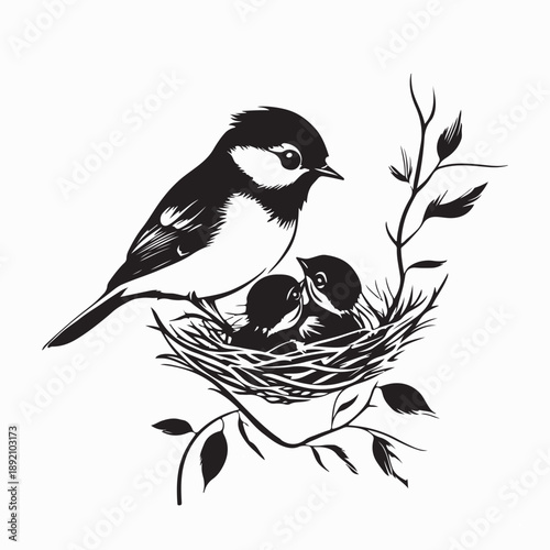 Mother Bird Feeding Her Newborn Baby Image Vector Isolated on White Background