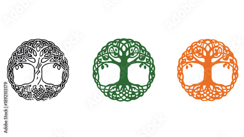 Three colorful tree of life logos with intricate Celtic knot design