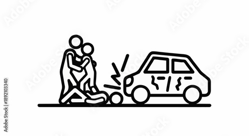 Car Accident Scene with Injured Person and Helper.