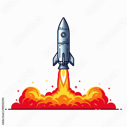 A Powerful Rocketship Ignites Its Engines Launching Upward with Fiery Exhaust and Smoke