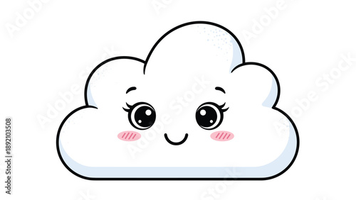 Cute kawaii cloud character illustration with a happy smiling face and pink cheeks isolated on a white background for nursery decor.