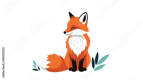 Cute fox illustration sitting with a fluffy tail and happy expression on a white background for children storybooks or nursery art.