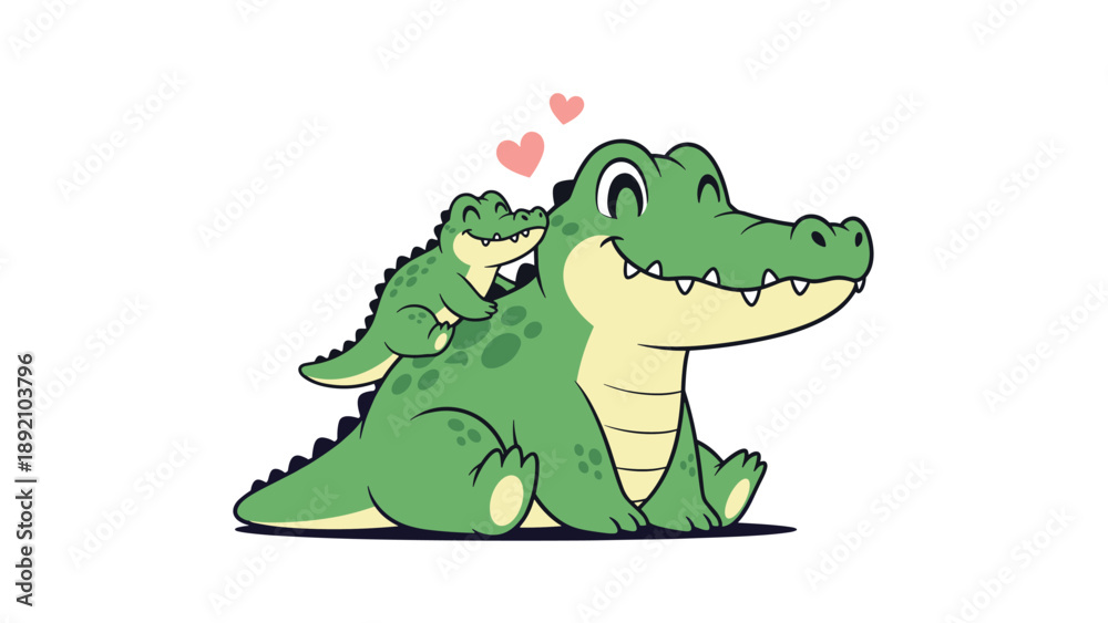 Obraz premium Cute crocodile parent and baby character illustration with pink hearts on a white background for family or nursery themed designs.