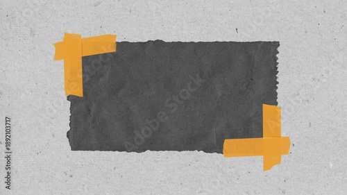 Artistic collage aesthetic featuring textured paper background with gray rectangle and orange tape accents