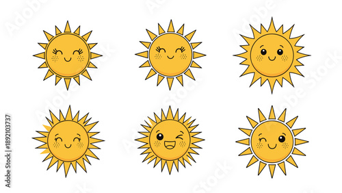 Set of six happy yellow sun characters with different cute faces for summer school activities or children weather themed illustrations.