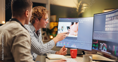 Quadro su tela Men, designers or night with computer for digital marketing, color correction or editing in office