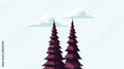 Two tall purple pine trees under soft white clouds on a pale blue background for minimalist nature landscape wall art or card design.