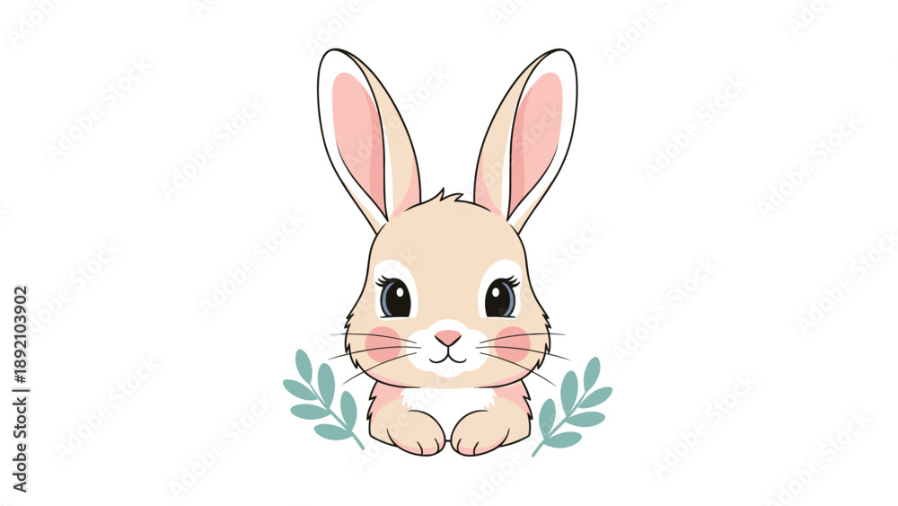 Fototapeta premium Cute kawaii bunny rabbit character with long ears and green leaves on a white background for easter or baby nursery decorations.