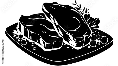 A black and white illustration of raw steaks on a plate