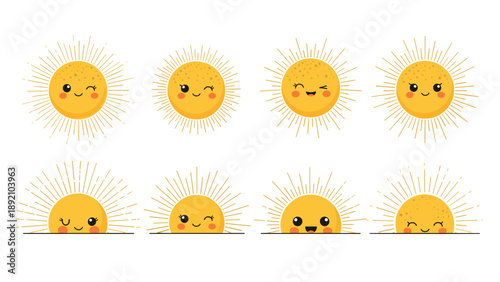 Set of eight happy sun and rising sun icons with different cute faces for summer weather forecast or children educational materials.