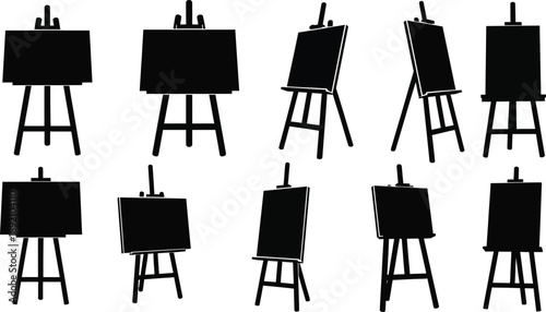 A collection of black art easels in various positions depicted as a simple silhouette on transparent background high quality professional detailed