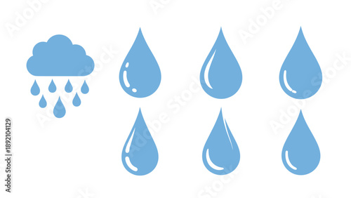Set of blue water drops and a rainy cloud icon on a white background for weather forecast symbols or water conservation materials.