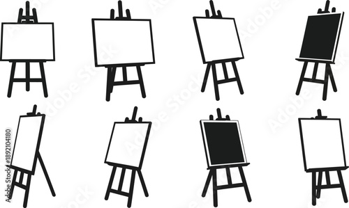 Four different views of empty art easels in varying orientations on transparent background silhouette high quality professional detailed modern elegant stylish