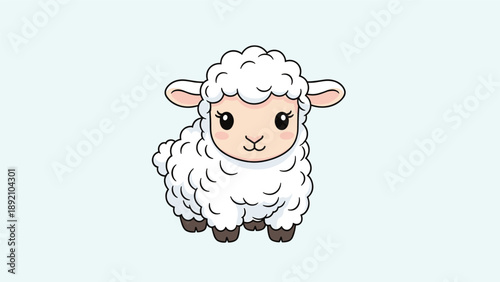 Sweet little fluffy white sheep cartoon character with black hooves and friendly eyes, standing on a light blue background.