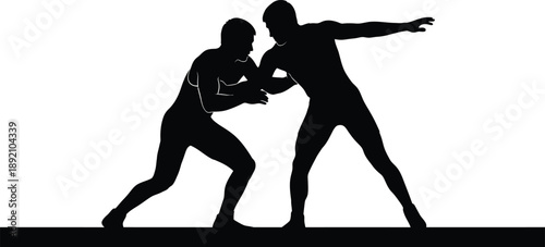 Two male figures engaged in a wrestling match depicted in a striking black silhouette on transparent background high quality professional detailed