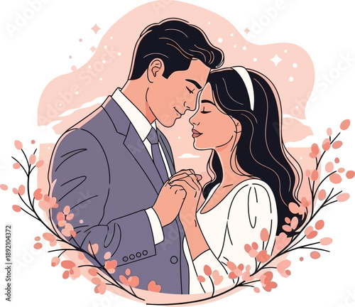 Bride and groom holding hands in romantic setting