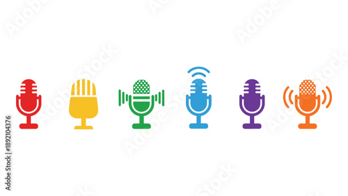 A colorful illustration of various microphones on a white background