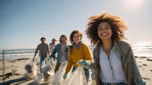 Community beach cleanup group people collecting waste,  environmental awareness, sustainable action concept