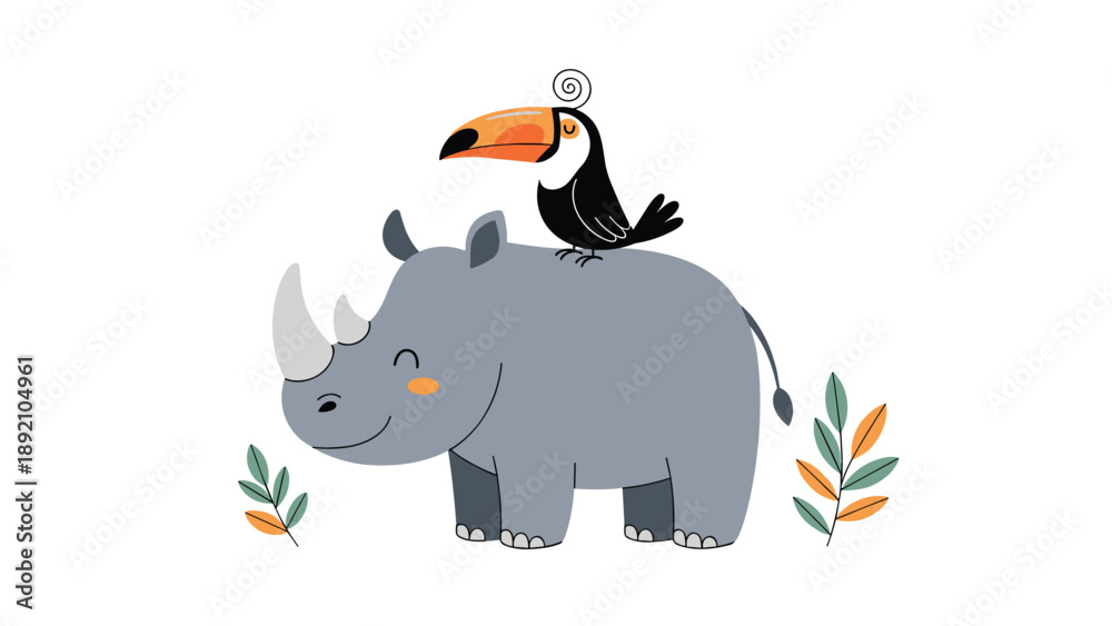 Obraz premium Whimsical illustration of a friendly rhinoceros carrying a colorful toucan on its back surrounded by tropical leaves art.