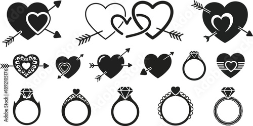 A collection of black heart and ring silhouettes with arrows ideal for romantic designs on transparent background high quality professional detailed