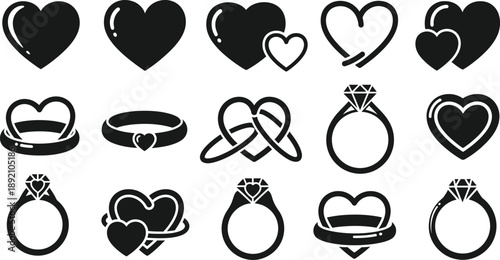 A collection of black heart and ring icons in various designs ideal for romantic themes on transparent background silhouette high quality