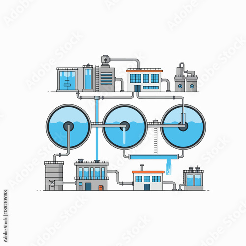 Industrial water treatment plant process flow diagram showing purification and filtration stages