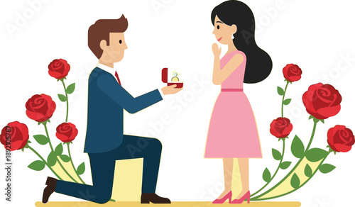 Man proposing with ring, surrounded by roses