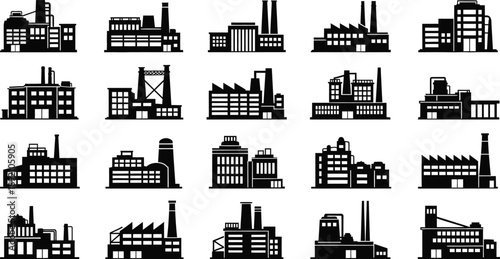 A collection of industrial factory buildings and power plants depicted in a stark black silhouette on transparent background high quality professional