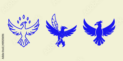 Canvas Print Blue silhouettes of three different birds with outstretched wings on beige backg