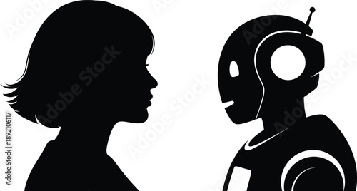 A striking depiction of a woman and robot facing each other presented as a black silhouette on transparent background high quality