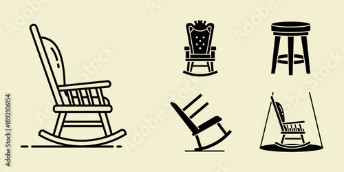 Collection of black silhouette chairs including rocking chairs and stool furniture seating