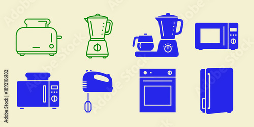 Collection of kitchen appliance in green and blue on a cream background toaster blender