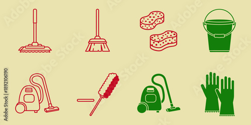 Cleaning supplies including brooms vacuum cleaners bucket sponges and gloves