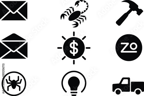 Business and utility icon set, black silhouette symbols for communication, finance, tools, transport, technology, web, app design