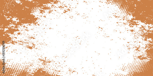 An abstract grunge background features a dark aged metal texture with rusty brown paint splashes and an antique paper pattern on a dirty surface