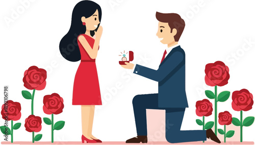 Man proposing to woman with ring and roses