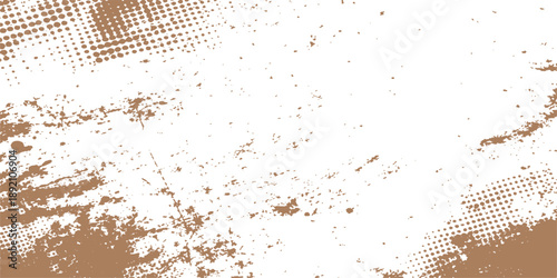 An abstract grunge background design featuring an artistic blend of halftone patterns with paint splashes and liquid ink textures on an old paper wall element