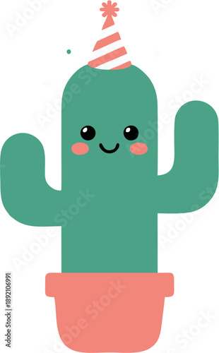 A happy kawaii cactus in a pink pot wearing a striped party hat. This charming character features rosy cheeks and a minimalist design
